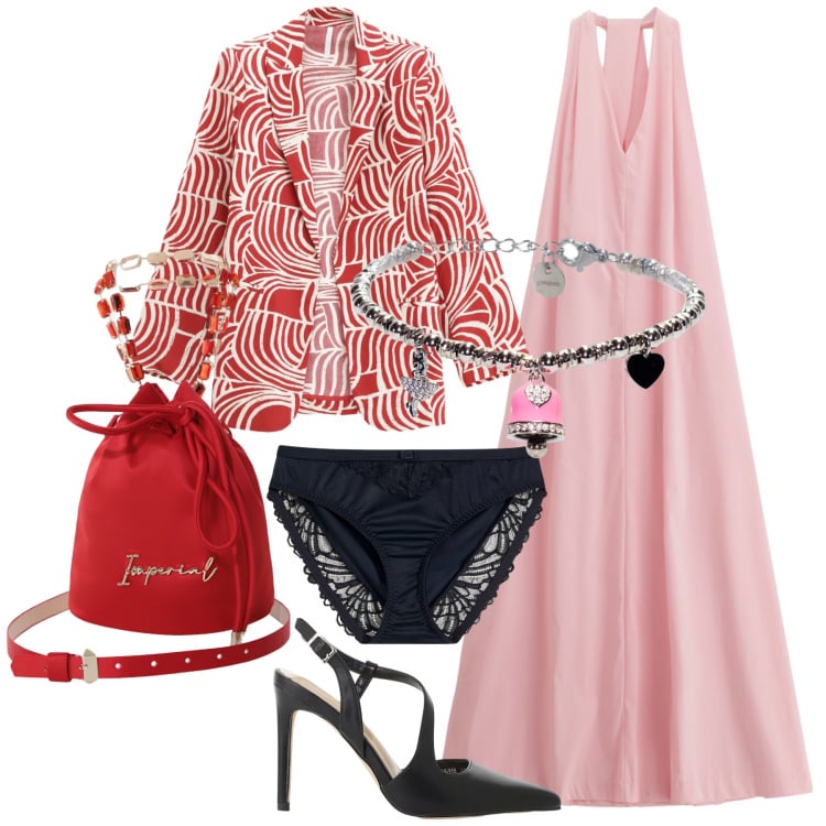 Outfit donna - Rosa rosso ed un po’ di nero Imperial. Stile Trendy per Cerimonia. Abbinamento con culotte, vestiti, borse a secchiello, décolleté, blazer, braccialetti.