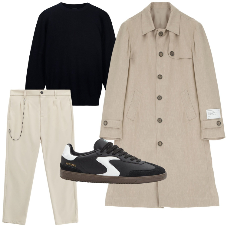 Outfit uomo - Trench destrutturato per il weekend. Stile Casual per Tutti i giorni. Abbinamento con sneakers, pantaloni, trench, maglieria.