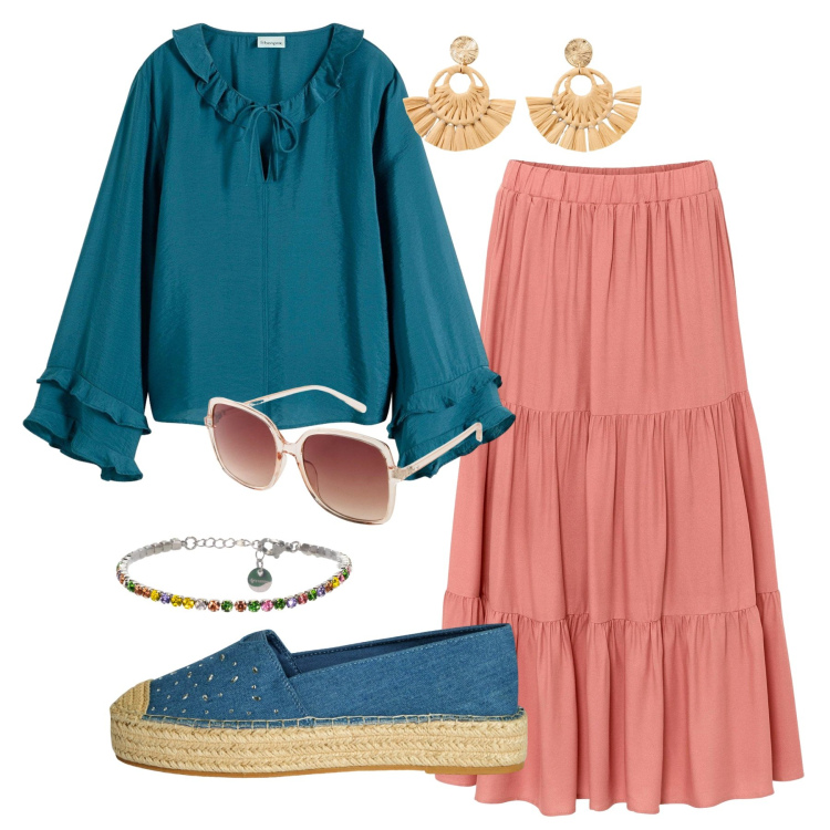 Outfit donna - Boho sunday relax. Stile Boho per Tutti i giorni. Abbinamento con bluse, gonne longuette, occhiali da sole, orecchini, espadrillas, braccialetti.