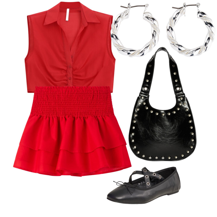 Outfit donna - Rouge. Stile Preppy per Tutti i giorni. Abbinamento con orecchini, ballerine, minigonne, top, borse a spalla.