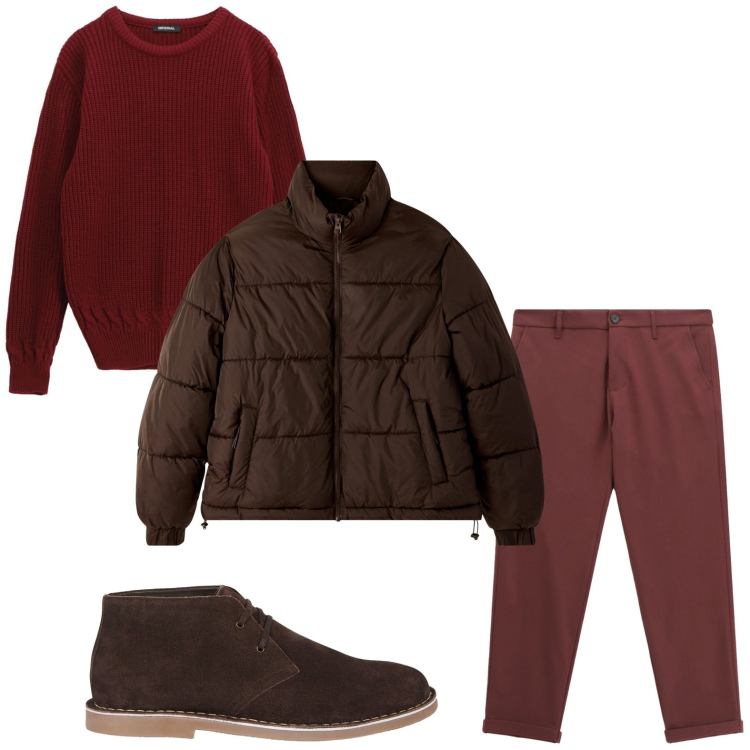 Outfit uomo - Tonalità ruggine per i brunch d’autunno. Stile Trendy per Tutti i giorni. Abbinamento con bomber, pantaloni, maglieria, stivali e stivaletti.