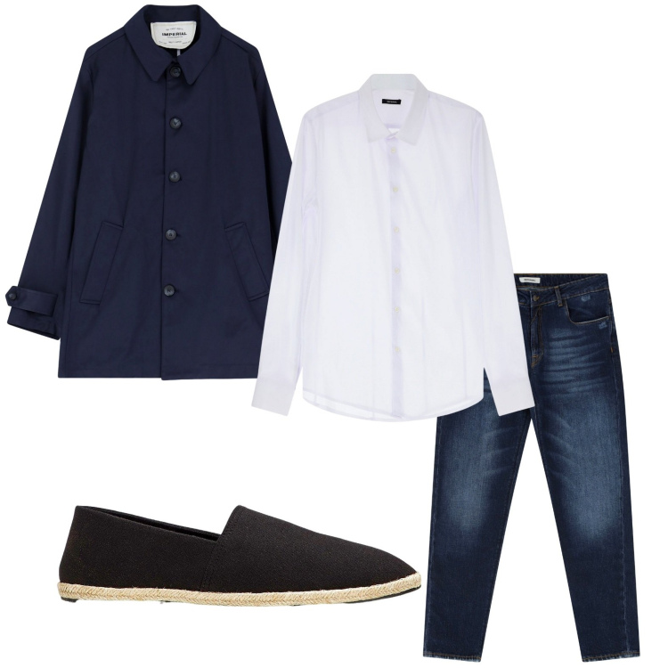 Outfit uomo - Trench destrutturato per il weekend. Stile Trendy per Tutti i giorni. Abbinamento con espadrillas, camicie, jeans dritti, trench.