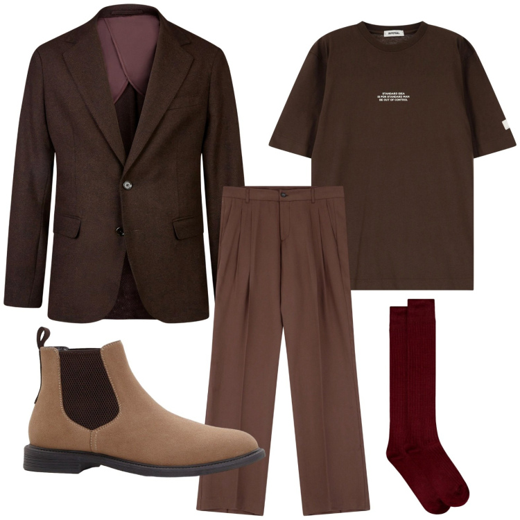 Outfit uomo - Tonalità ruggine per i brunch d’autunno. Stile Trendy per Tutti i giorni. Abbinamento con stivali e stivaletti, t-shirt, pantaloni, giacche, calzini.