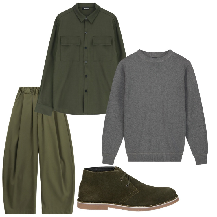 Outfit uomo - Verde + grigio. Stile Trendy per Tutti i giorni. Abbinamento con pantaloni, camicie, stivali e stivaletti, maglieria.