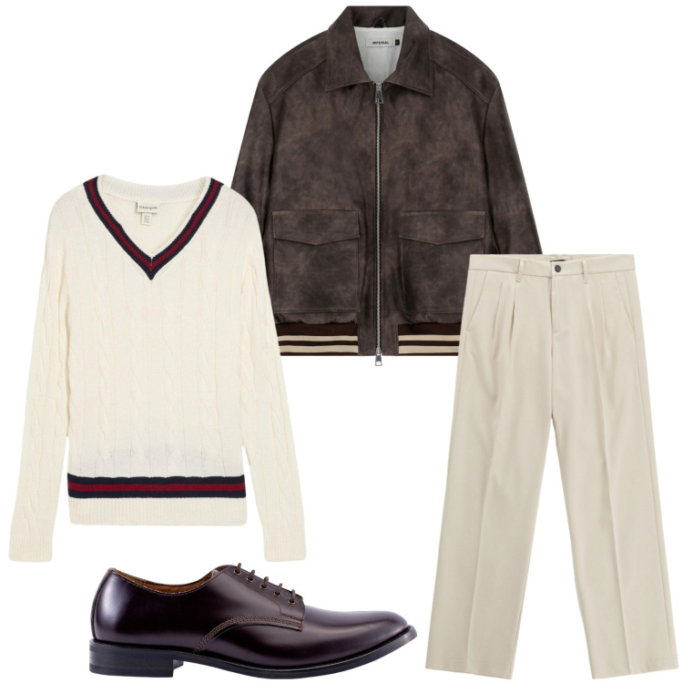 Outfit uomo - Bomber trendy. Stile Trendy per Tutti i giorni. Abbinamento con maglieria, pantaloni, bomber, scarpe stringate.