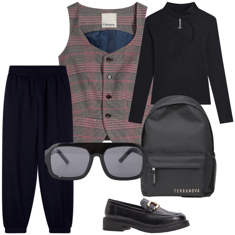 Outfit donna - Un gilet come lui. Stile Mannish per Tutti i giorni. Abbinamento con mocassini, gilet, zaini, pantaloni, occhiali da sole, maglieria.