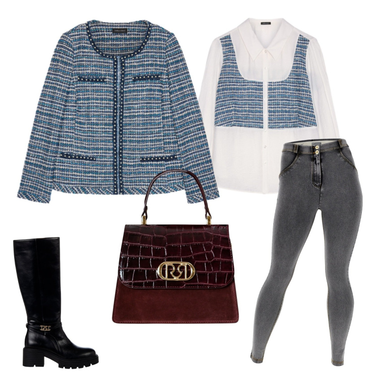 Outfit donna - Total look #2252740. Stile Casual chic per Ufficio. Abbinamento con stivali sopra il ginocchio, borse a mano, jeggings, camicie, blazer.