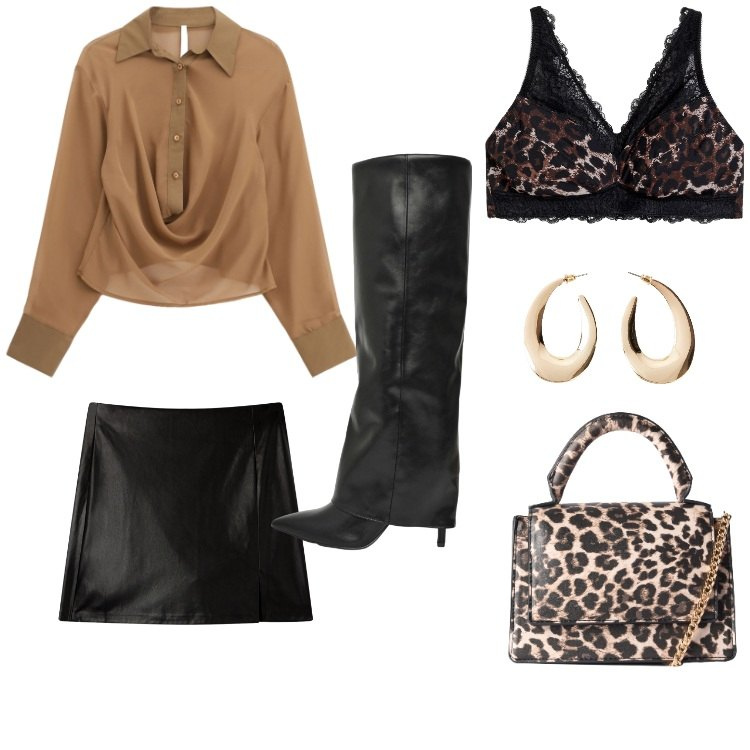Outfit donna - Autunno in città-02. Stile Sexy per Serata fuori. Abbinamento con orecchini, bralette, borse a tracolla, minigonne, stivali, camicie.