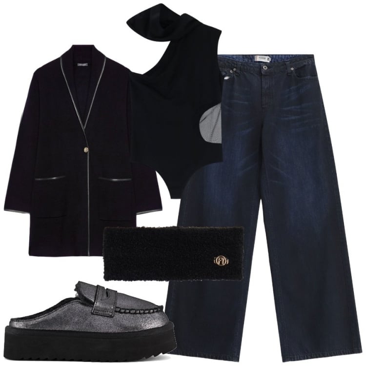 Outfit donna - Calo termico. Stile Minimal per Tutti i giorni. Abbinamento con jeans, body, fasce per capelli, mocassini, cardigans.