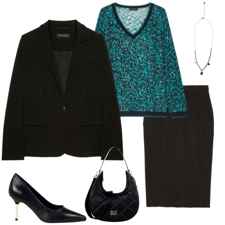 Outfit donna - Curvy chic. Stile Chic per Serata fuori. Abbinamento con borse a tracolla, décolleté, ciondoli, blazer, maglieria, gonne lunghe.