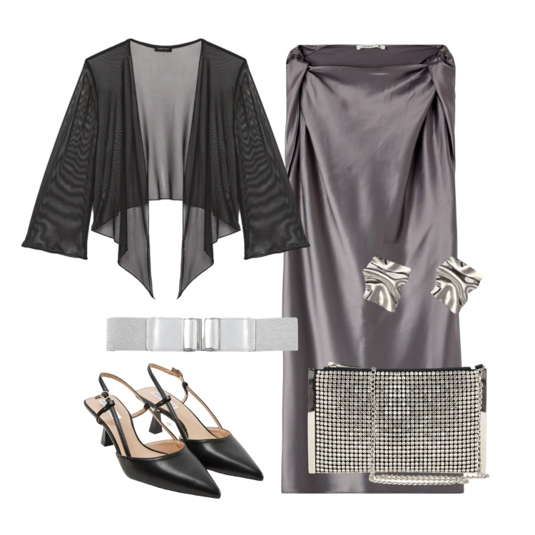 Outfit donna - Eleganza in grigio. Stile Chic per Serata fuori. Abbinamento con sabot, cinture, vestiti corti, pochette, orecchini, bolero.