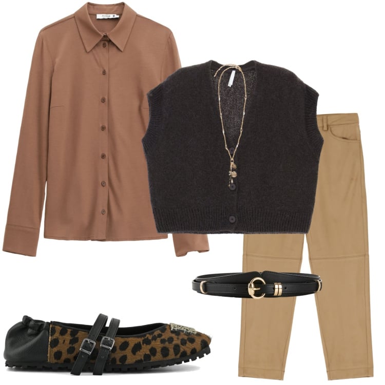 Outfit donna - In ufficio. Stile Casual chic per Ufficio. Abbinamento con cinture, camicie, pantaloni chino, cardigans, ballerine, ciondoli.