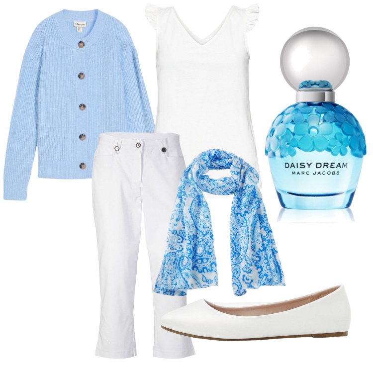 Outfit donna - Ultimi giorni d’estate. Stile Casual chic per Tutti i giorni. Abbinamento con cardigans, sciarpe, top, ballerine, pantaloni capri, profumi.