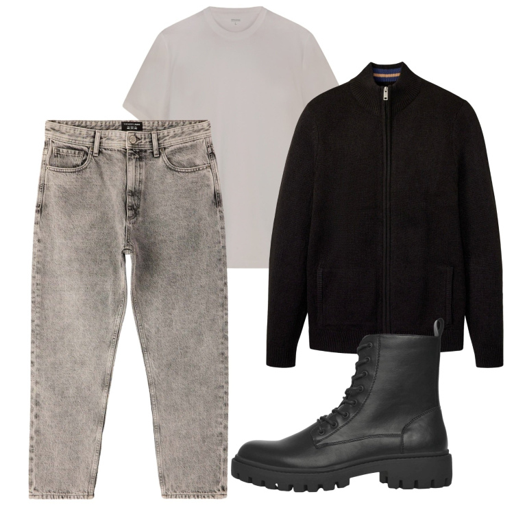 Outfit uomo - Autunno inoltrato. Stile Urban per Tutti i giorni. Abbinamento con cardigans, jeans dritti, anfibi, t-shirt.