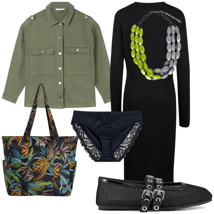 Outfit donna - La giacca militare per l ufficio. Stile Trendy per Ufficio. Abbinamento con culotte, cappotti, shopping bag, vestiti midi/longuette, ballerine, collane.