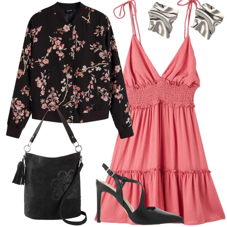 Outfit donna - Vestito estivo per serata d autunno. Stile Glamour per Serata fuori. Abbinamento con bomber, borse a mano, vestiti corti, décolleté, orecchini.