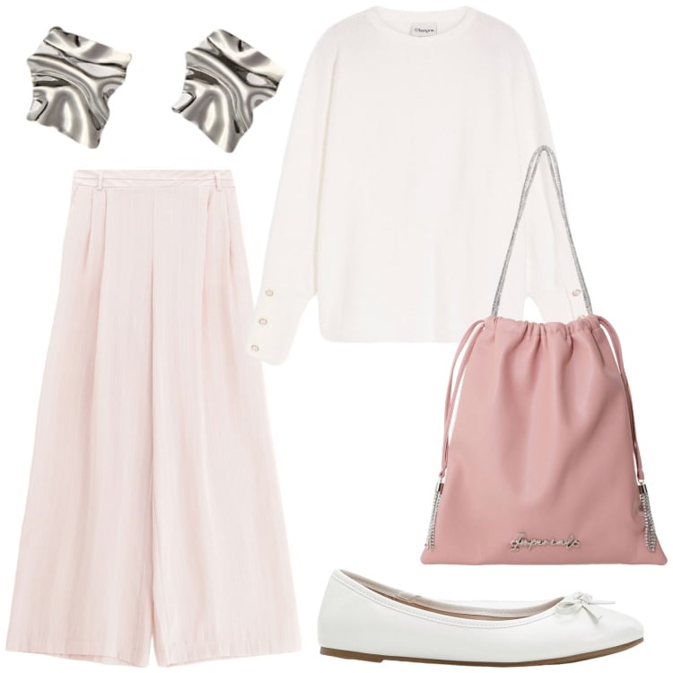 Outfit donna - Total look #2252810. Stile Romantica per Tutti i giorni. Abbinamento con ballerine, maglieria, borse a secchiello, pantaloni a palazzo, orecchini.