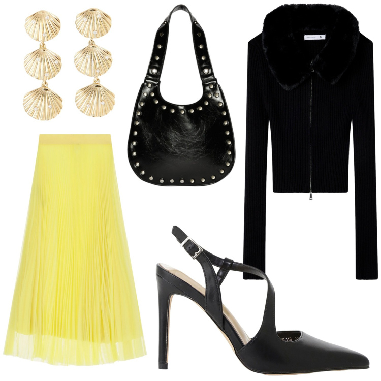 Outfit donna - Giallo e nero. Stile Romantica per Serata fuori. Abbinamento con orecchini, cardigans, décolleté, gonne lunghe, borse a spalla.