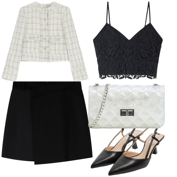 Outfit donna - La giacca modello Chanel. Stile Bon Ton per Serata fuori. Abbinamento con top, borse a tracolla, sabot, blazer, minigonne.