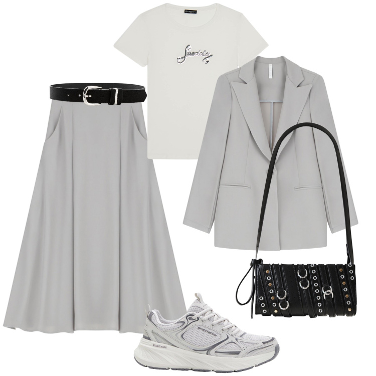 Outfit donna - In trend dove vuoi. Stile Casual chic per Tutti i giorni. Abbinamento con cinture, sneakers, borse a spalla, blazer, gonne lunghe, t-shirt.