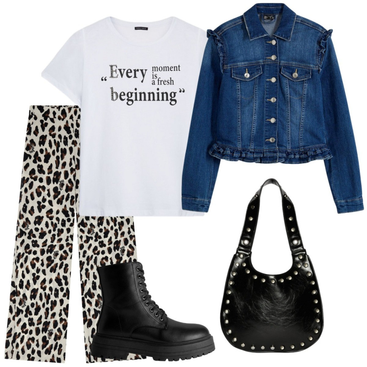 Outfit donna - Giacca di jeans. Stile Urban per Tutti i giorni. Abbinamento con blazer, anfibi, pantaloni a palazzo, t-shirt, borse a spalla.