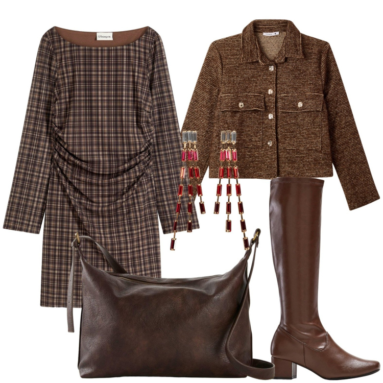 Outfit donna - Marrone. Stile Bon Ton per Tutti i giorni. Abbinamento con orecchini, stivali, vestiti, borse a tracolla, blazer.