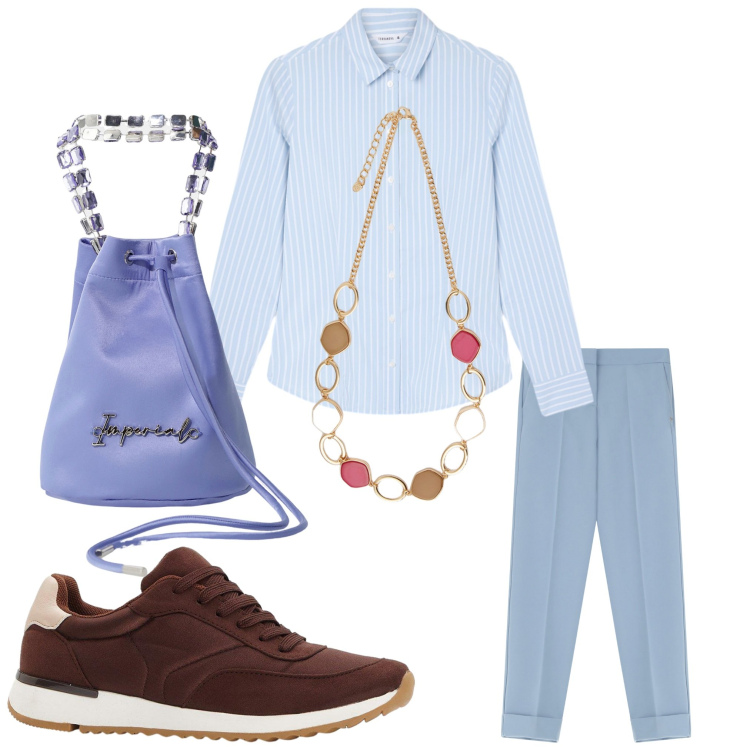 Outfit donna - Senza pensieri. Stile Casual per Tutti i giorni. Abbinamento con sneakers, camicie, pantaloni, borse a secchiello, collane.