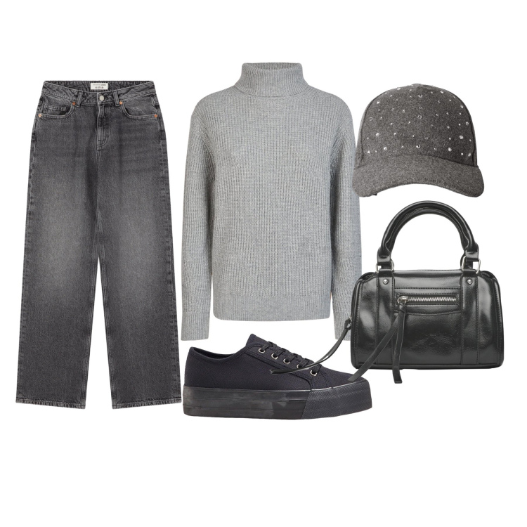 Outfit donna - Minimal in grigio. Stile Minimal per Tutti i giorni. Abbinamento con sneakers, borse a mano, jeans, cappelli con visiera, maglieria.