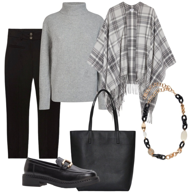 Outfit donna - In ufficio. Stile Basic per Ufficio. Abbinamento con mocassini, cappotti, borse tote, maglieria, pantaloni, collane.