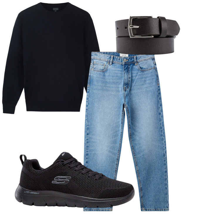 Outfit uomo - Il maglioncino nero. Stile Casual per Tutti i giorni. Abbinamento con sneakers, jeans, maglieria, cinture.