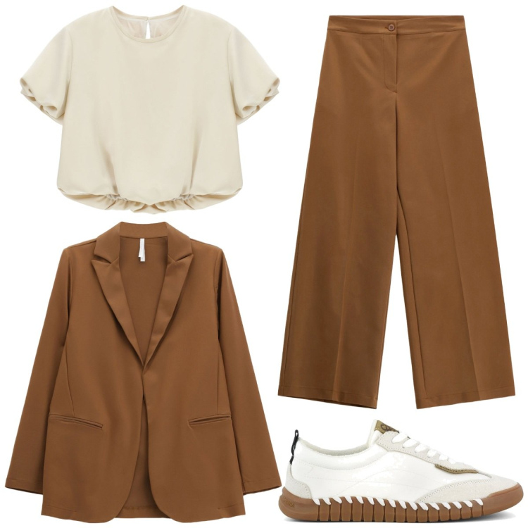 Outfit donna - Caramel outfit. Stile Urban per Tutti i giorni. Abbinamento con camicie a manica corta, blazer, pantaloni a palazzo, sneakers.