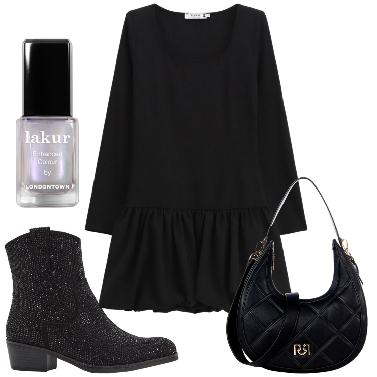 Outfit donna - Il texano insolito. Stile Trendy per Serata fuori. Abbinamento con stivaletti texani, smalti, borse a tracolla, vestiti corti.