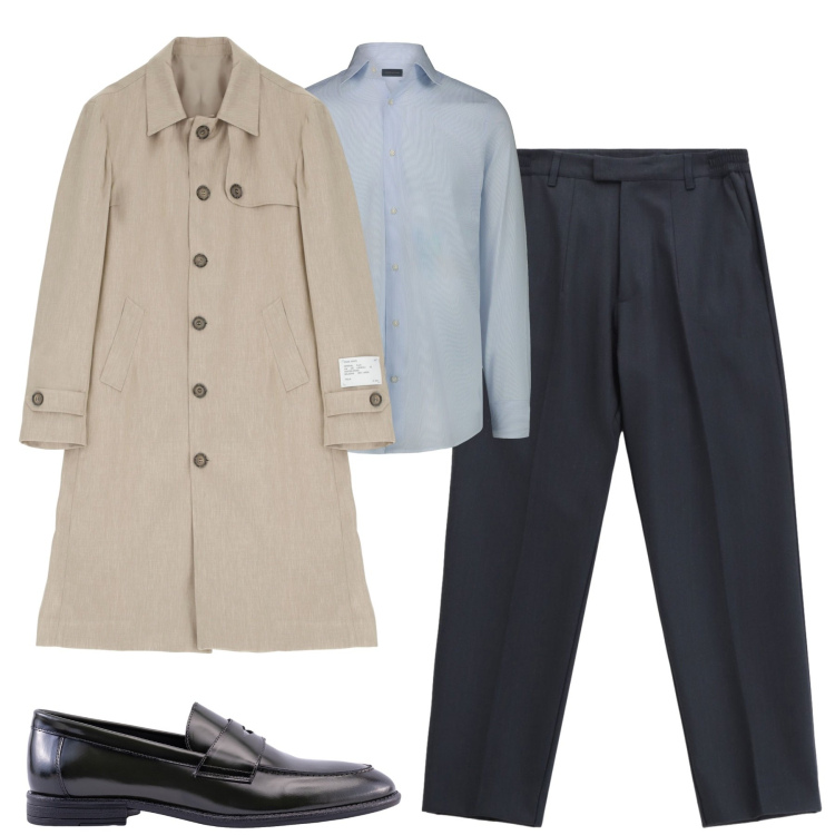 Outfit uomo - In ufficio. Stile Business/Elegante per Ufficio. Abbinamento con pantaloni, trench, scarpe stringate, camicie.