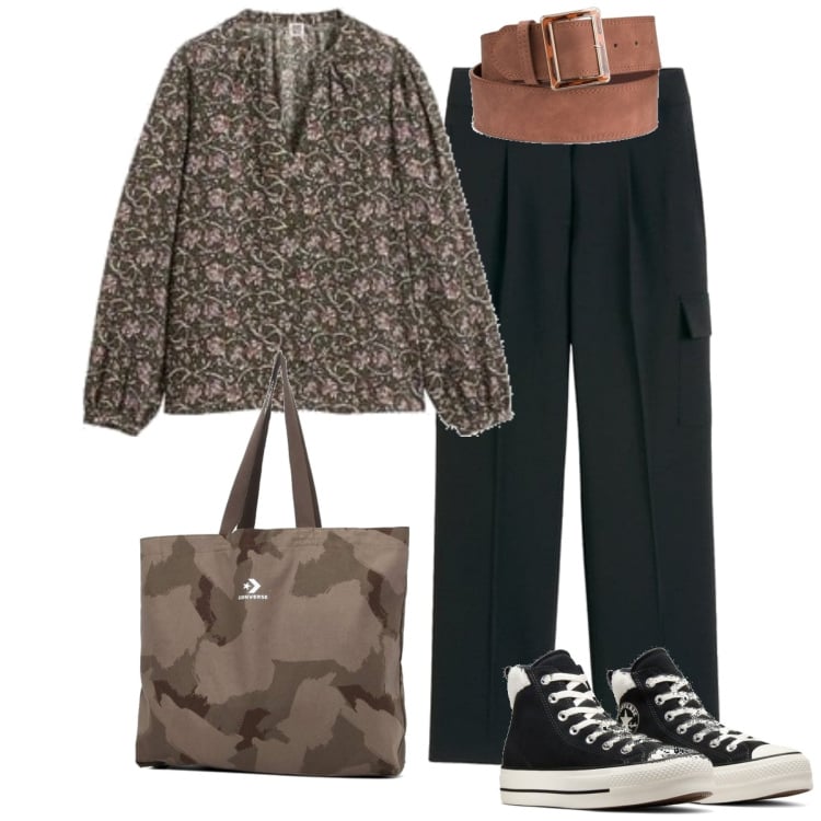 Outfit mujer - Casual #10705. Estilo Casual para Todos los días. Combinación con pantalones cargo, bolso tote, sneakers, blusas, cinturones.