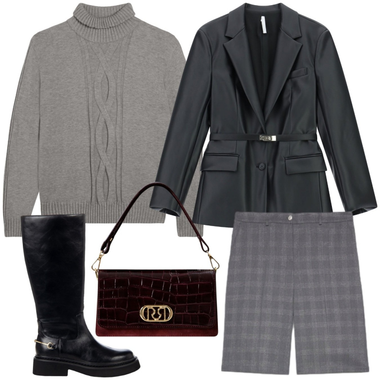 Outfit donna - Miss grey. Stile Urban per Ufficio. Abbinamento con borse a mano, stivali sopra il ginocchio, blazer, maglieria, bermuda.