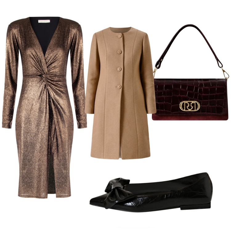 Outfit donna - Serata in dorato. Stile Glamour per Serata fuori. Abbinamento con ballerine, cappotti, borse a mano, vestiti a tubino.