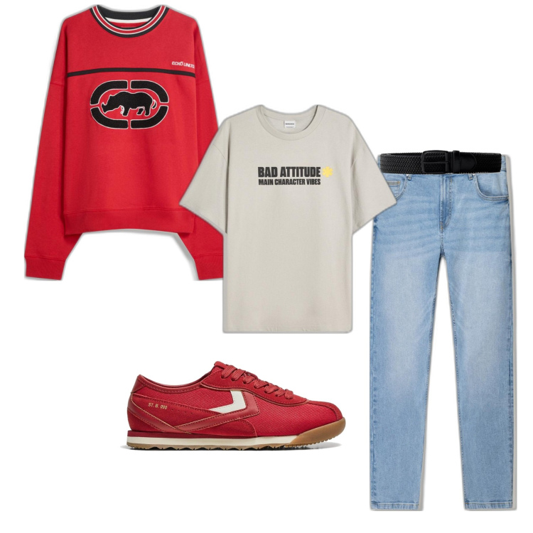 Outfit hombre - Urban #4530. Estilo Urban para Todos los días. Combinación con vaqueros pitillo, camiseta, sneakers, sudaderas, cinturones.