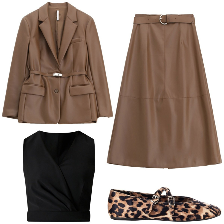 Outfit donna - Leather autumn. Stile Casual chic per Tutti i giorni. Abbinamento con top, ballerine, blazer, gonne lunghe.