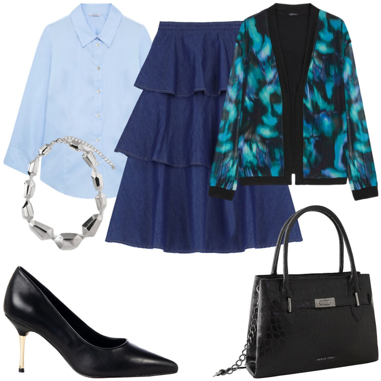 Outfit donna - Gonna a balze chic. Stile Casual chic per Ufficio. Abbinamento con borse a mano, décolleté, gonne lunghe, blazer, camicie, ciondoli.
