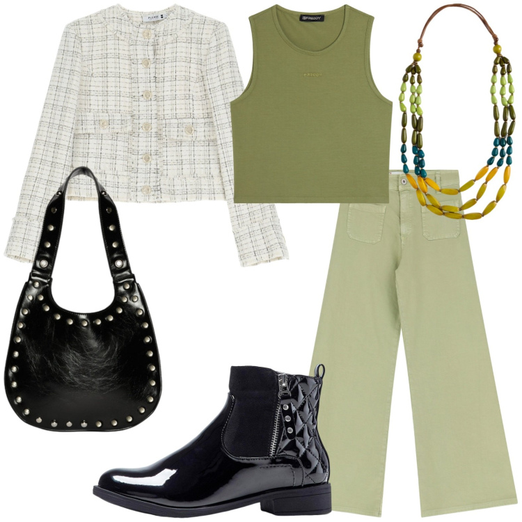 Outfit donna - La borsa con borchie. Stile Casual chic per Ufficio. look ideale per Petite. Abbinamento con stivaletti, jeans, blazer, top, collane, borse a spalla.