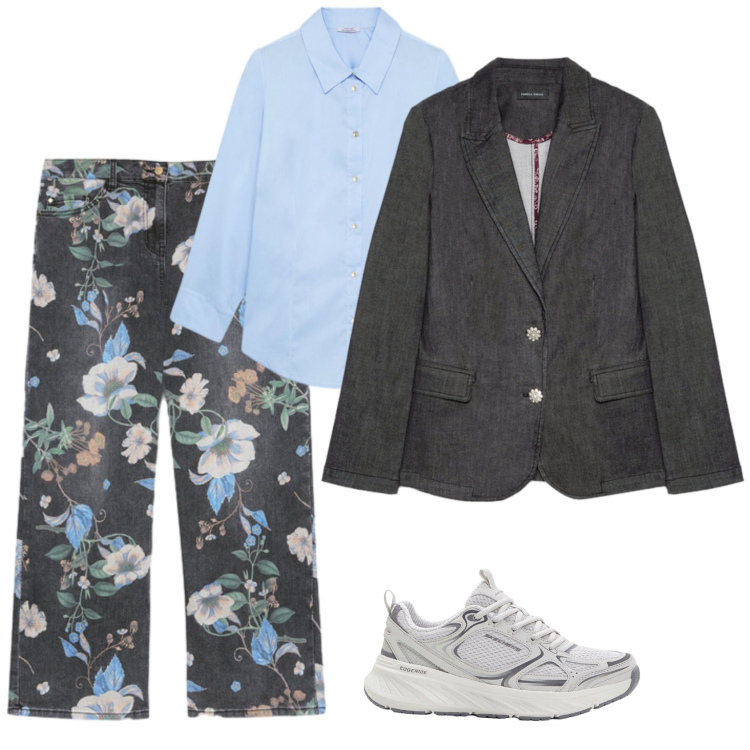 Outfit donna - Grigio e azzurro. Stile Casual per Tutti i giorni. Abbinamento con sneakers, blazer, camicie, jeans.
