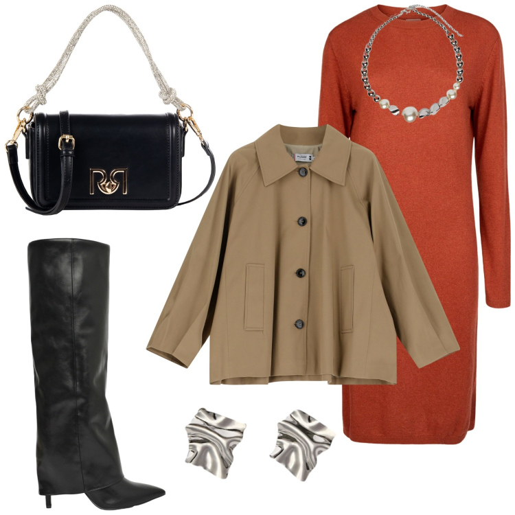 Outfit donna - Il pomeriggio. Stile Casual per Ufficio. Abbinamento con stivali, borse a mano, blazer, vestiti midi/longuette, orecchini, collane.