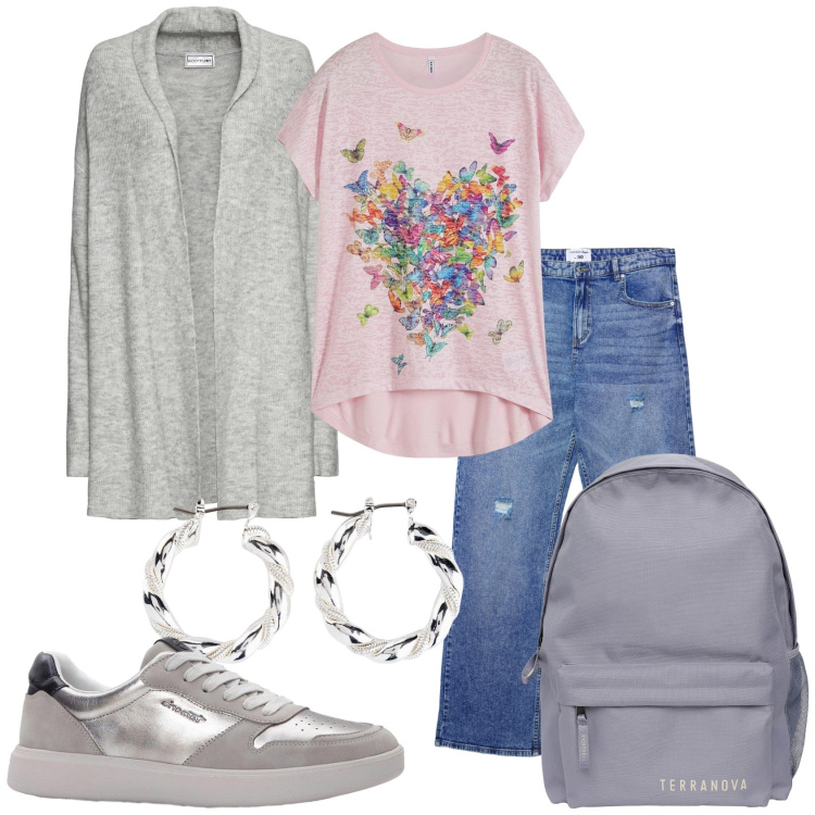 Outfit donna - Il pomeriggio di fine settembre. Stile Casual per Tutti i giorni. Abbinamento con sneakers, maglieria, orecchini, cardigans, zaini, jeans strappati.