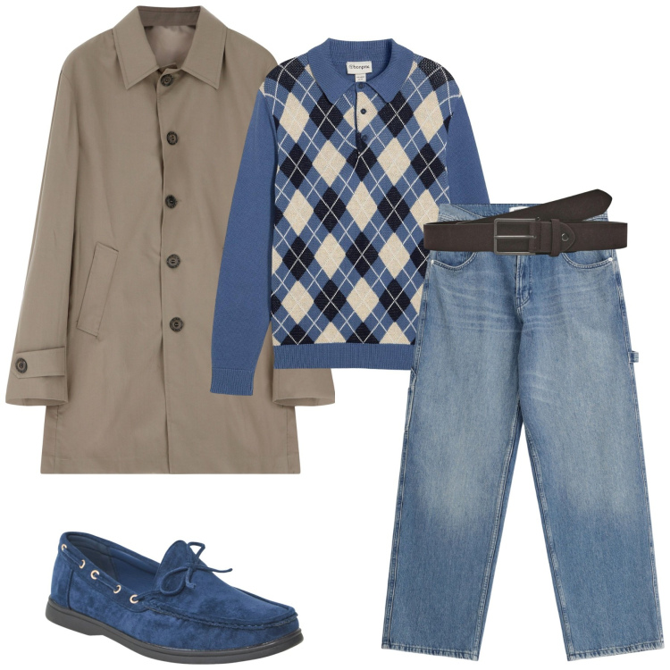 Outfit uomo - Trench destrutturato per il weekend. Stile Casual Abbinamento con maglieria, scarpe stringate, cinture, trench, jeans.