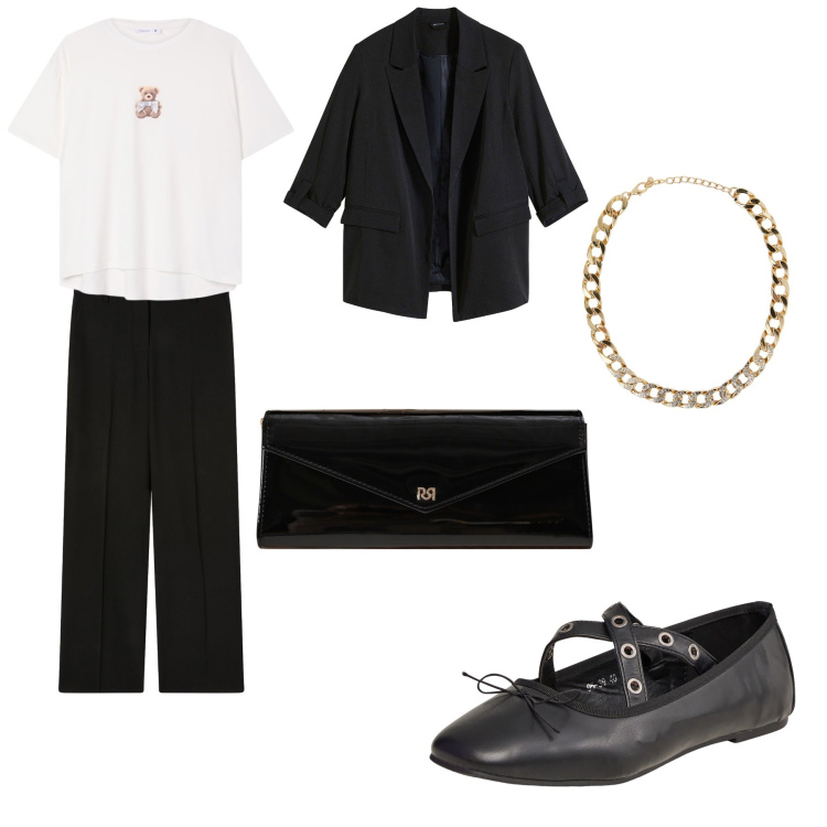 Outfit donna - Outfit invitata a un battesimo. Stile Casual chic per Serata fuori. Abbinamento con blazer, ballerine, collane, pantaloni a palazzo, t-shirt, pochette.