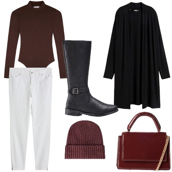 Outfit donna - Autunno in città-07. Stile Casual per Tutti i giorni. Abbinamento con cardigans, jeans skinny, stivali, borse a tracolla, berretti, body.