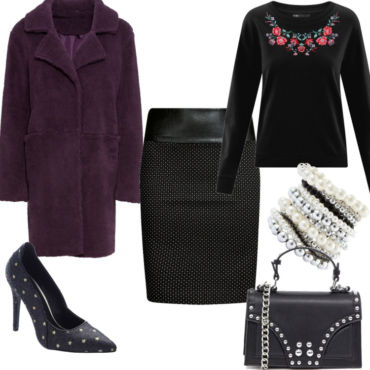 Outfit donna - Col cappotto viola. Stile Bon Ton per Tutti i giorni. Abbinamento con vestiti chemisier, braccialetti, cappotto con tasche viola, gonna a matita con zip in ecopelle aderente nero, felpa a giromanica con ricamo e scollo aderente nero, maglia con manico e borchie con cinturino.