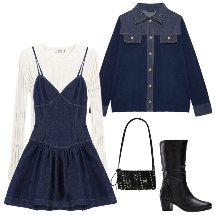 Outfit donna - Abito in jeans. Stile Casual chic per Serata fuori. Abbinamento con stivali, borse a spalla, pullovers, vestiti corti, cardigans.