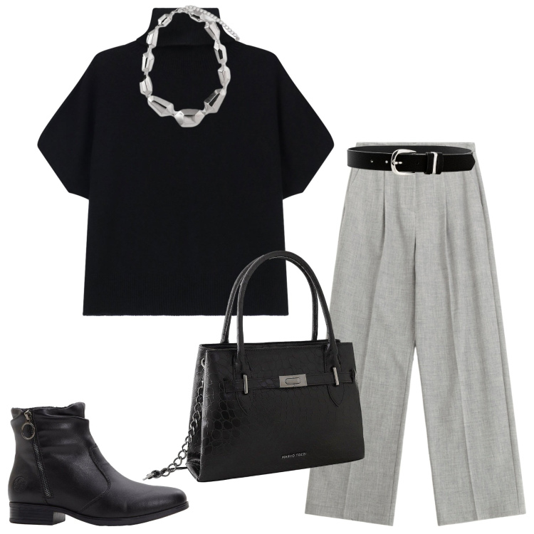 Outfit donna - Basic style in ufficio. Stile Basic per Ufficio. Abbinamento con cinture, borse a mano, stivaletti, pantaloni, maglieria, ciondoli.