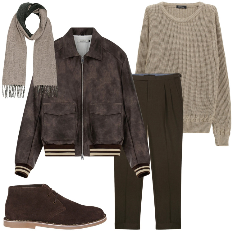 Outfit uomo - Fine settembre. Stile Urban per Tutti i giorni. Abbinamento con maglieria, bomber, stivali e stivaletti, pantaloni, sciarpe.